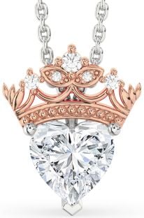 Diamond Silver & 10K Rose Gold Heart Crown Necklace