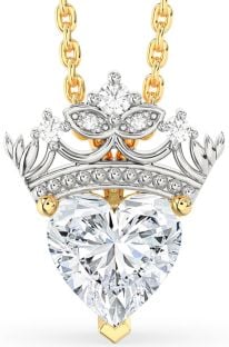 Diamond White Yellow Gold Heart Crown Necklace