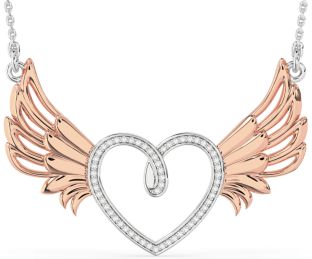 Large Diamond Silver & 10K Rose Gold Heart Wings Necklace