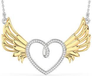 Large Diamond Platinum & Yellow Gold Heart Wings Necklace