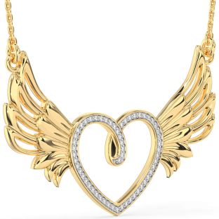 Large Diamond Gold Heart Wings Necklace