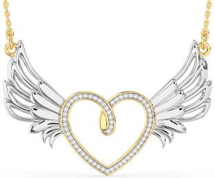 Large Diamond White Yellow Gold Heart Wings Necklace