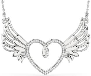 Large Diamond Silver Heart Wings Necklace