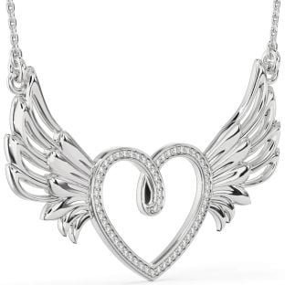 Large Diamond White Gold Heart Wings Necklace