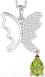 Large Diamond & Peridot Silver & 10K Rose Gold Butterfly Necklace