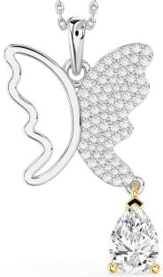 Large Diamond Silver & 10K gold Butterfly Necklace