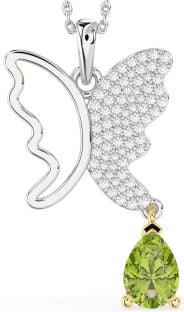 Large Diamond & Peridot Silver & 10K gold Butterfly Necklace