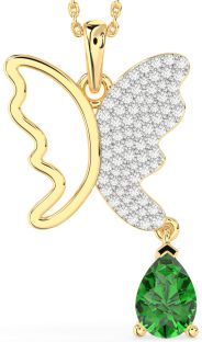 Large Diamond & Emerald Gold Silver Butterfly Necklace