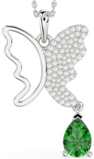 Large Diamond & Emerald Silver Butterfly Necklace