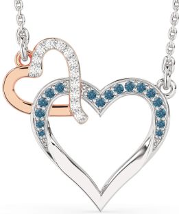 Large Blue Diamond Platinum & Rose Gold Heart Interlock Necklace