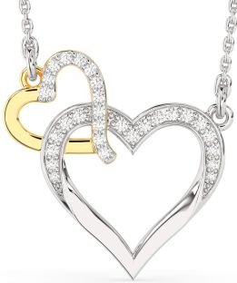 Large Diamond White Yellow Gold Heart Interlock Necklace