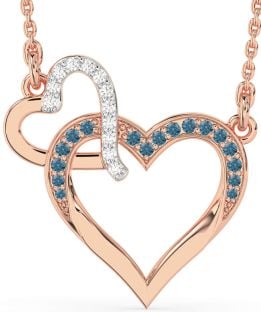 Large Blue Diamond Rose Gold Silver Heart Interlock Necklace