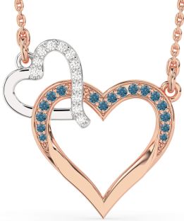 Large Blue Diamond Rose Gold Silver Heart Interlock Necklace