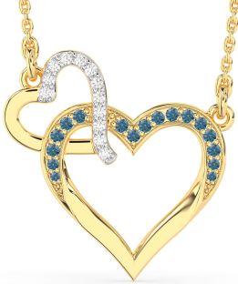 Large Blue Diamond Gold Silver Heart Interlock Necklace