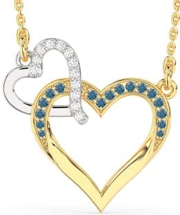 Large Blue Diamond Gold Silver Heart Interlock Necklace