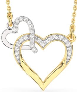 Large Diamond White Yellow Gold Heart Interlock Necklace