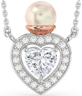 Diamond Silver & 10K Rose Gold Pearl Heart Necklace