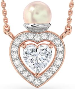 Diamond White Rose Gold Pearl Heart Necklace