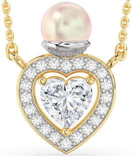 Diamond White Yellow Gold Pearl Heart Necklace