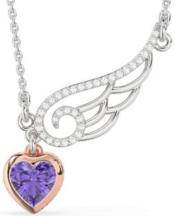 Large Diamond & Alexandrite White Rose Gold Heart Wings Necklace