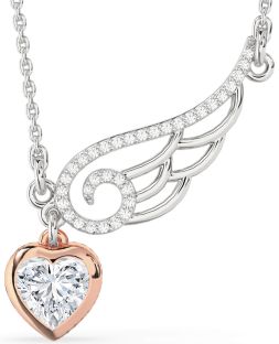 Large Diamond White Rose Gold Heart Wings Necklace
