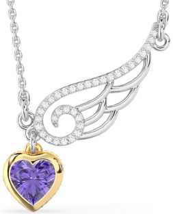 Large Diamond & Alexandrite White Yellow Gold Heart Wings Necklace
