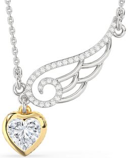 Large Diamond Silver & 10K gold Heart Wings Necklace