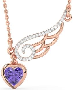 Large Diamond & Alexandrite Rose Gold Heart Wings Necklace