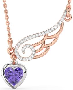 Large Diamond & Alexandrite Platinum & Rose Gold Heart Wings Necklace