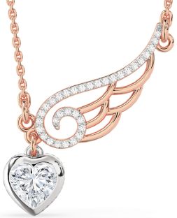 Large Diamond White Rose Gold Heart Wings Necklace