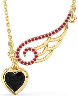 Large Black Diamond & Ruby Gold Heart Wings Necklace