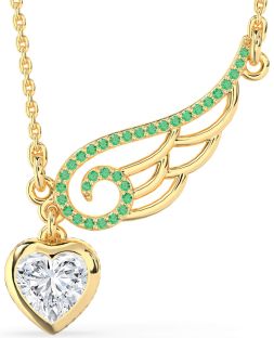 Large Emerald & Diamond Gold Heart Wings Necklace