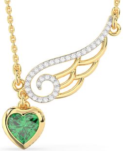 Large Diamond & Emerald Gold Heart Wings Necklace