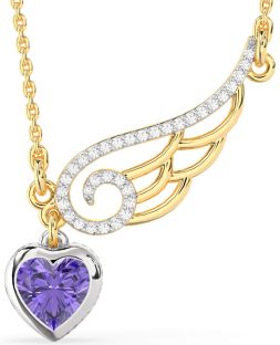 Large Diamond & Alexandrite White Yellow Gold Heart Wings Necklace