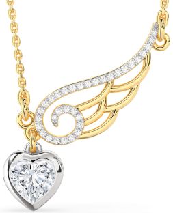 Large Diamond White Yellow Gold Heart Wings Necklace
