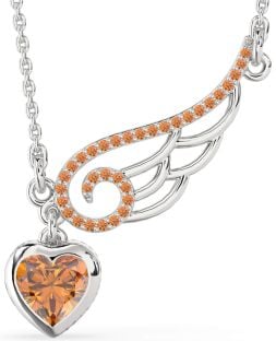 Large Citrine Silver Heart Wings Necklace