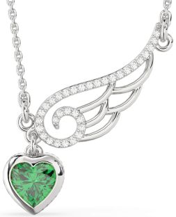 Large Diamond & Emerald Silver Heart Wings Necklace