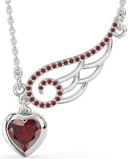 Large Garnet Silver Heart Wings Necklace