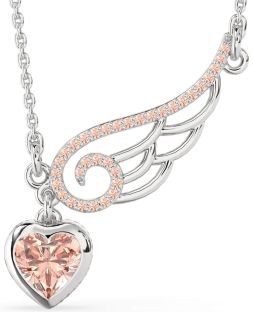 Large Morganite Silver Heart Wings Necklace