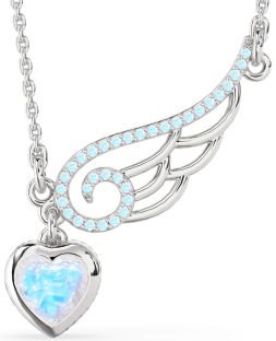 Large Moonstone Silver Heart Wings Necklace