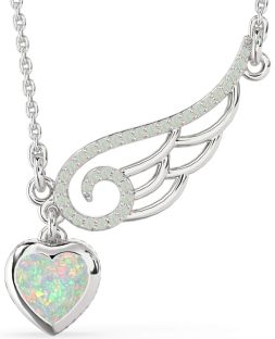 Large Opal Silver Heart Wings Necklace