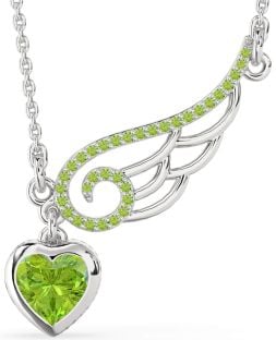Large Peridot Silver Heart Wings Necklace