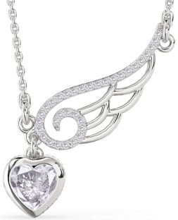 Large Salt & Pepper Diamond Silver Heart Wings Necklace
