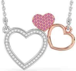 Large Diamond & Pink Sapphire White Rose Gold Heart Necklace