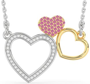 Large Diamond & Pink Sapphire White Yellow Gold Heart Necklace