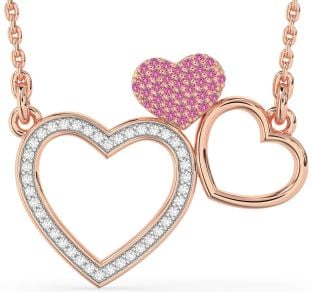 Large Diamond & Pink Sapphire Rose Gold Heart Necklace
