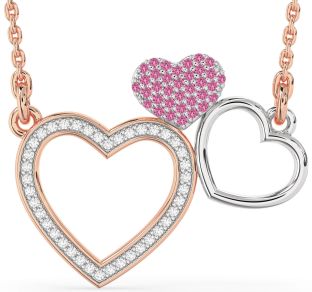 Large Diamond & Pink Sapphire White Rose Gold Heart Necklace