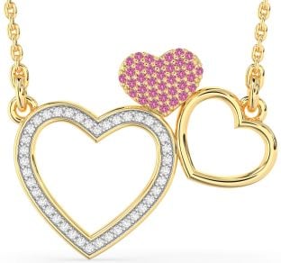 Large Diamond & Pink Sapphire Gold Heart Necklace