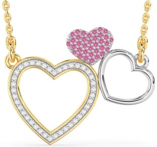 Large Diamond & Pink Sapphire White Yellow Gold Heart Necklace