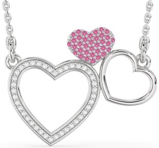 Large Diamond & Pink Sapphire White Gold Heart Necklace